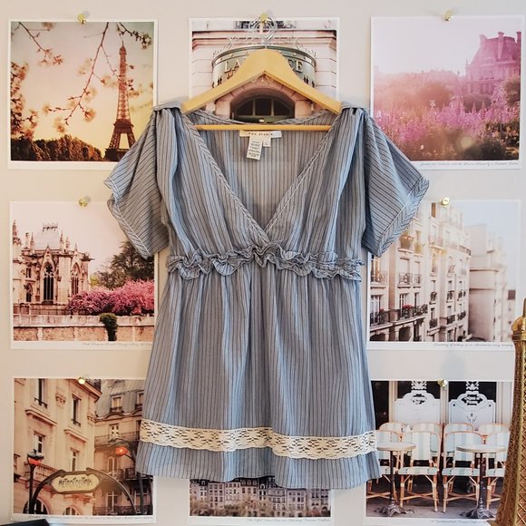 Max Studio Boho Blue Prairie Pinstripe Tunic - Picture 1 of 9